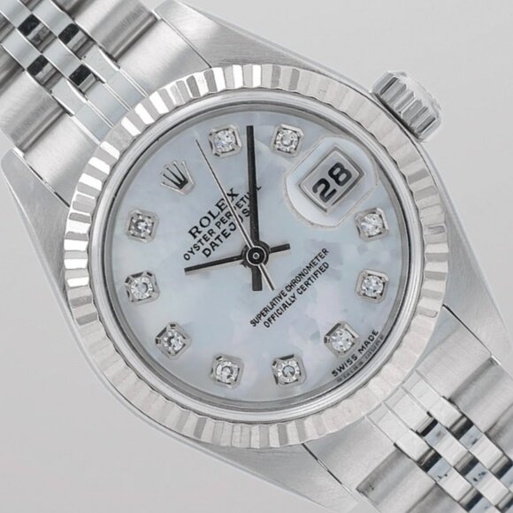 Rolex Ladies Datejust 26mm SS White MOP Diamond Dial Fluted Jubilee Watch 79174 main image 10
